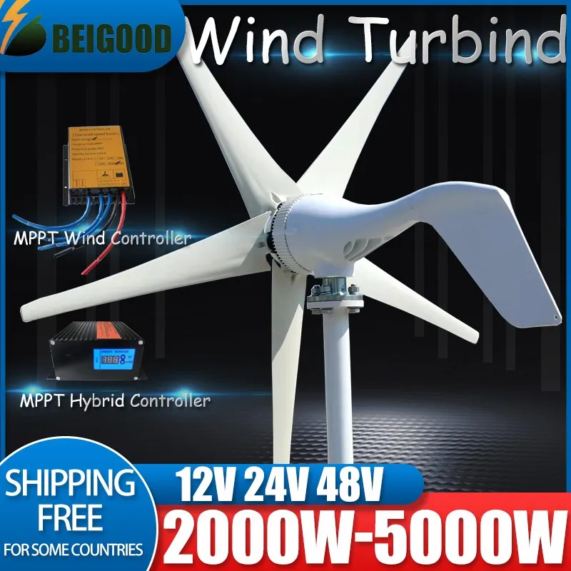 5000W 12V 24V 48V Horizontal Home Wind Turbine Free Energy 3 5 Blades Wind Generator Power Windmill With MPPT Hybrid Controller