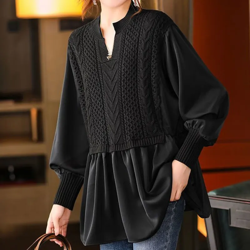 

Spring Autumn Korean Loose Women's Clothing Basic Fake Two Pieces Casual Half Open Collar Shirt Commute Knitted Patchwork Blouse