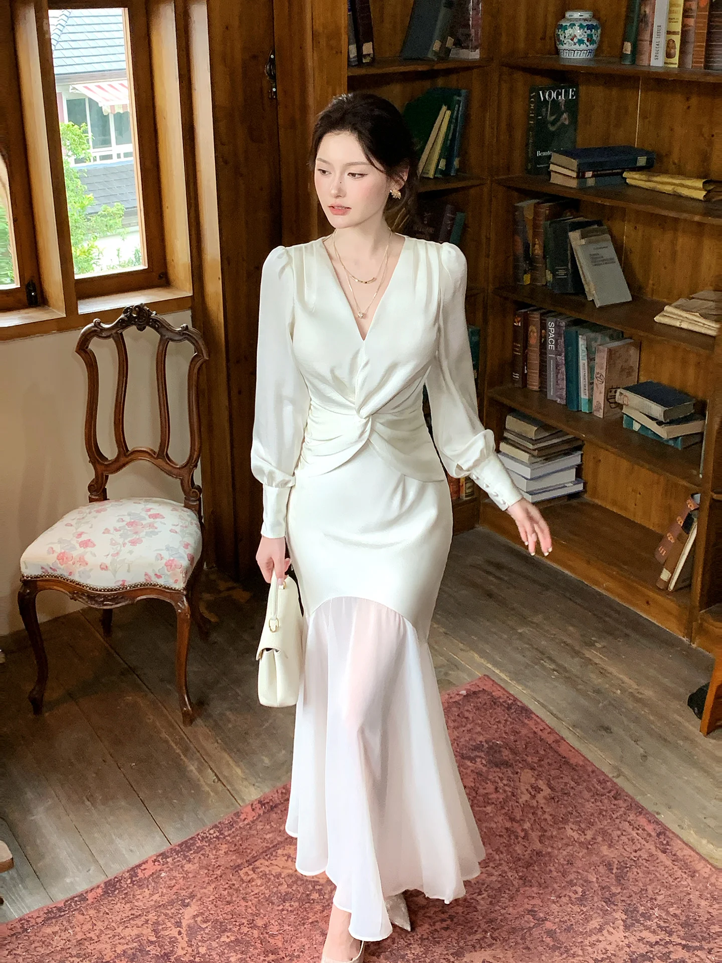

Elegant V-Neck Long Sleeve Knot Waist Dress Women's Summer Beautiful Gown French Style Splice Waist Inward Micro Elastic Poly...