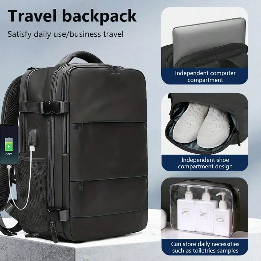 1PC Black Travel Laptop Backpack For Men-11.8*16.9*7.9 Inch, Hiking Backpack Outdoor Sports Rucksack Casual, Daypack Travel Essentials