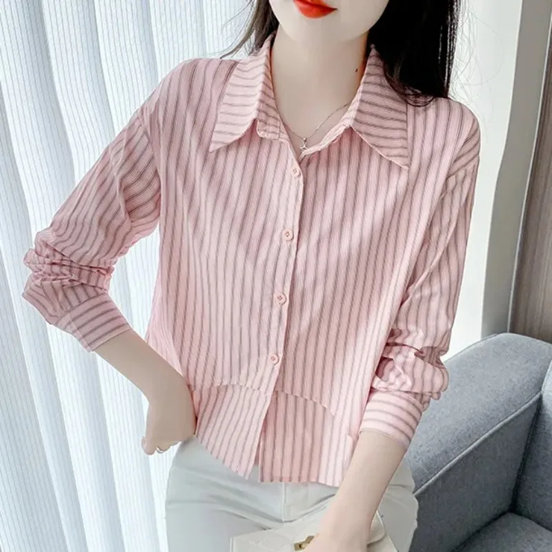 French Fashion Striped Foreign Style Spring Autumn Long-sleeved Bottoming Shirt Chiffon Top