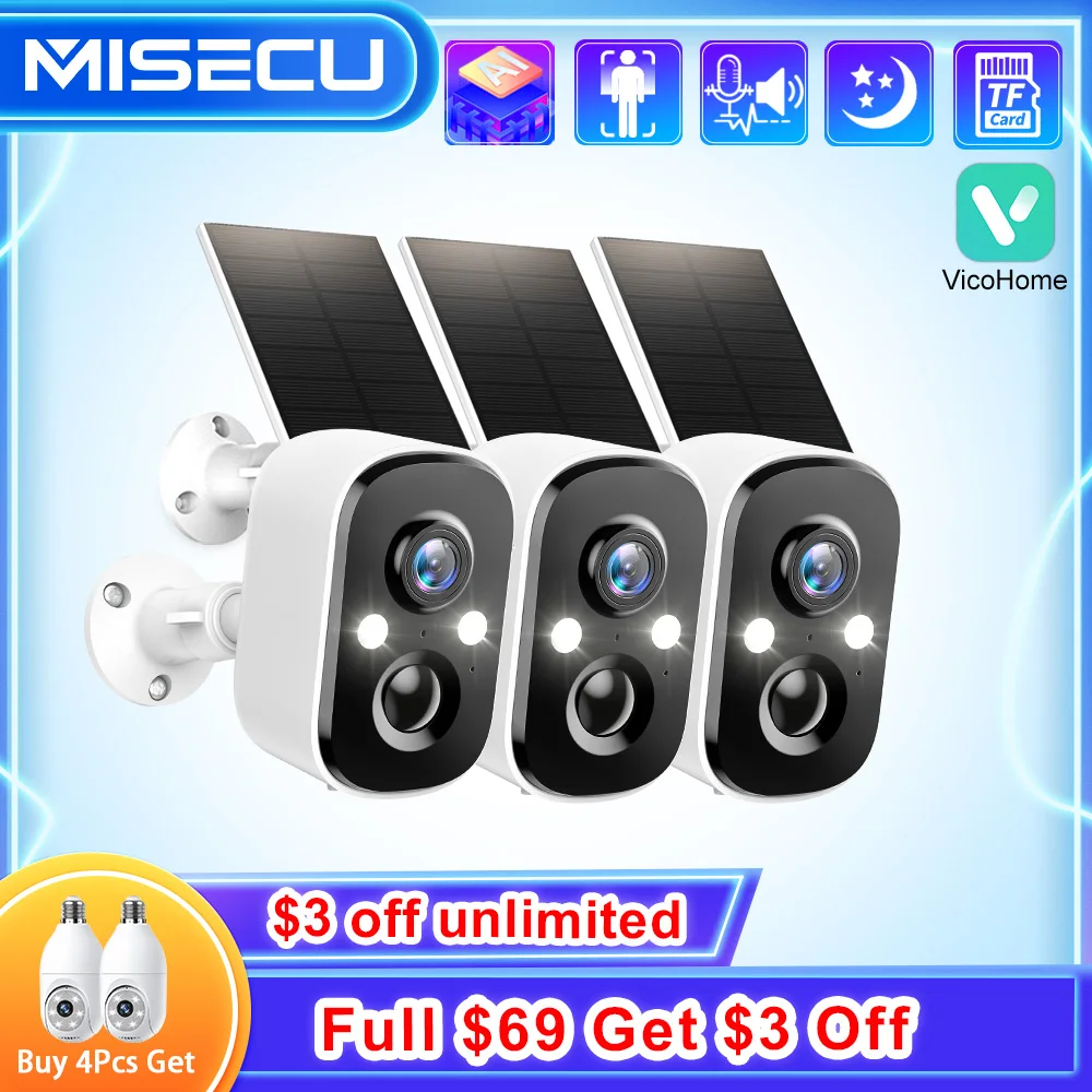

MISECU 1/2/3 PCS Outdoor Wireless WIFI Camera 2.4G 3MP Battery Solar Security Camera Floodlight Color Night Vision Local Alarm