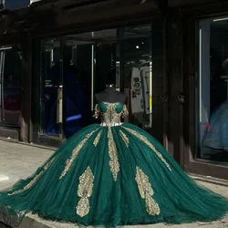 Angelsbridep Customized Luxury Emerald Green Ball Gown Quinceanera Dresses With Gold Appliques Sweet 16 Vestidos De 15 Años