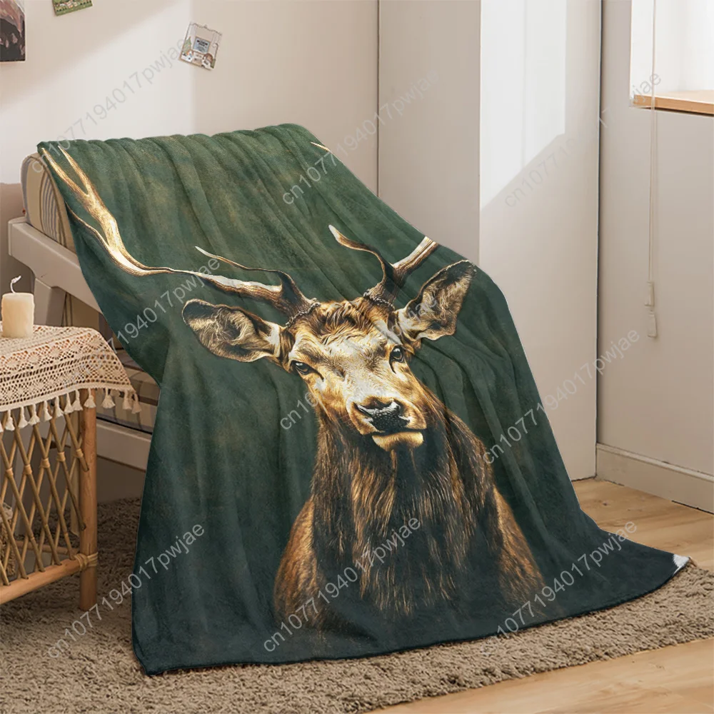 A Flannel Blanket with a Stag Image, Suitable for Air-Conditioned Rooms as Bed Cover or Sofa Throw, Ideal for Travel and Camping