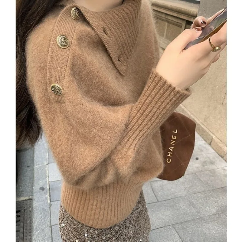 

Winter High Neck Off-shoulder Special Button Versatile Top Gentle and Fashionable Pullover Plush Sweater for Women