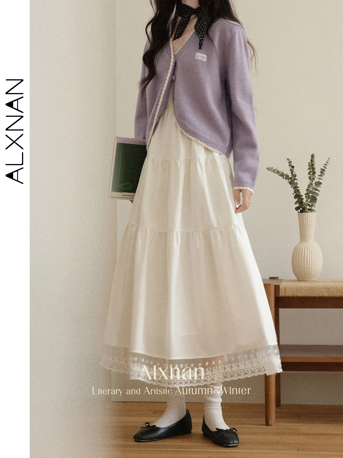 ALXNAN femmes robe sans manches blanc élégant dentelle Patchwork longue robe trapèze 2025 été coréen populaire vêtements femme L56803