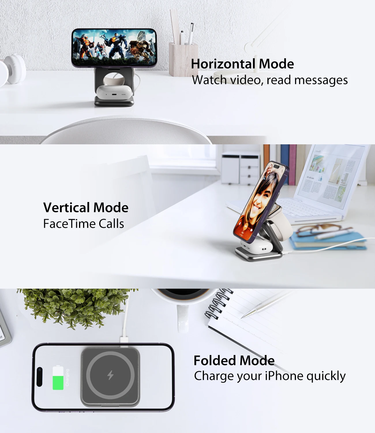 KUXIU X40 3 In 1 Foldable Magnetic Wireless Charger Stand For iPhone 16 15 14 13Pro/Max/Plus, AirPods 3/2/Pro, iWatch Series