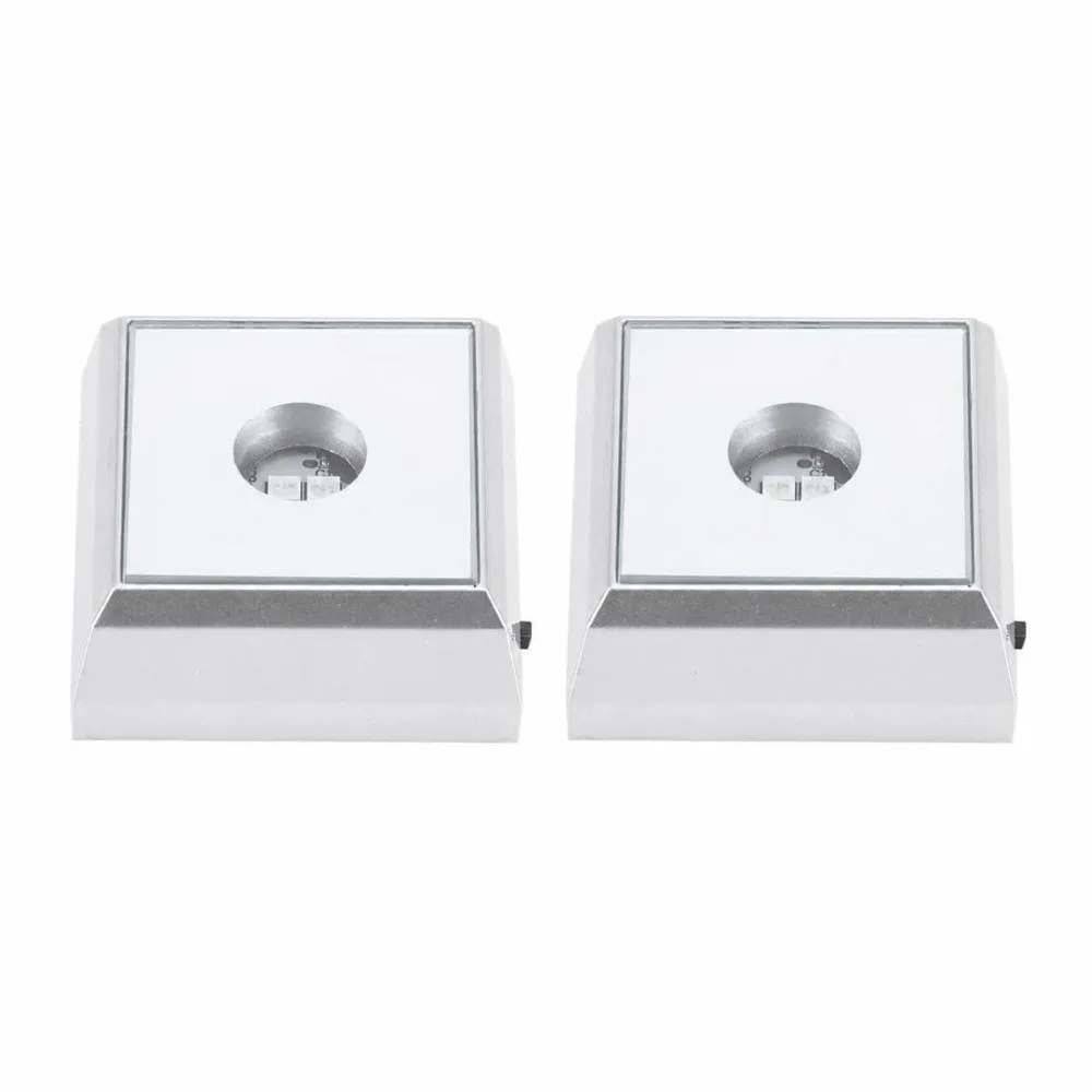 2 Pack Square Shape LED Lamp Base 2 LEDs Mirrored Surface Lighted Display Stand Silver ABS Lamp Base Holder Jewelry Display