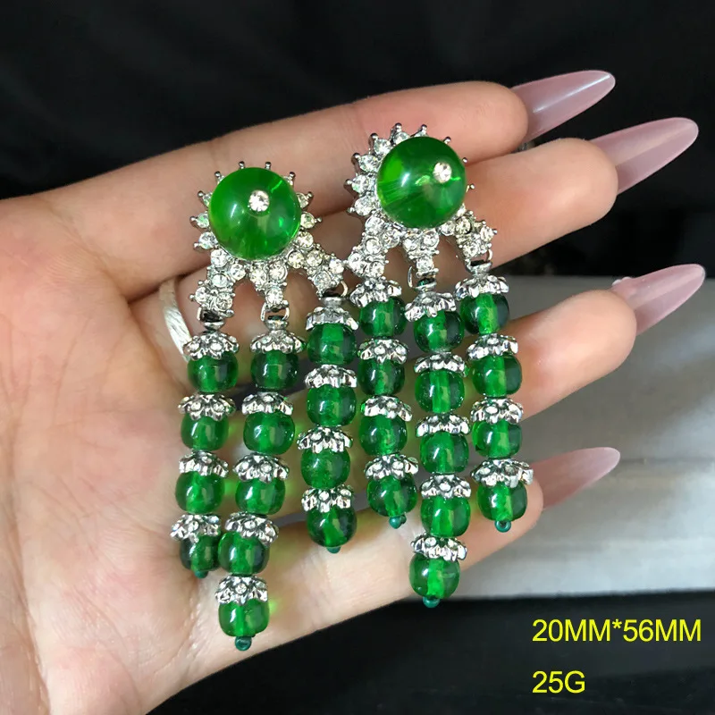 New Chinese Style Green Colored Glaze Diamond Tassel Earrings Advanced Design All-Match Earrings Retro Stylevintage