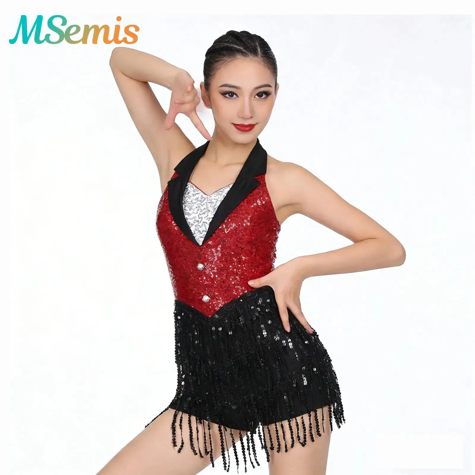 

Womens Ladies Glitter Fringe Hip Hop Jazz Dance Outfit Salsa Rumba Performance Romper Halter Tassel Leotard Tuxedo Bodysuit