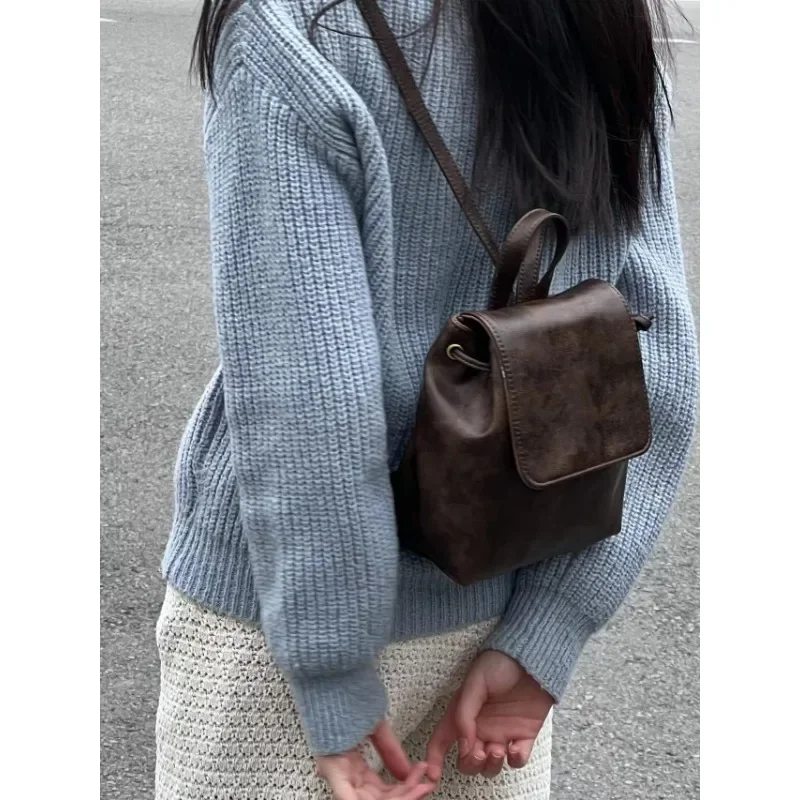 

2024 Trendy New Women's Bags Fashion Texture Small Retro American Brown Backpack Simple Versatile Shoulder Bag