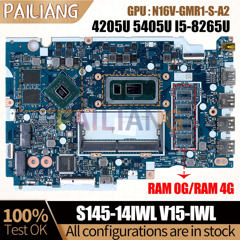 For LENOVO S145-14IWL V15-IWL Notebook Mainboard NM-C121 4205U 5405U I5-8265U RAM 4G With GPU Laptop Motherboard Full Tested