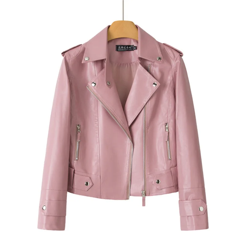 2026 Fashion Pink Black Leather Jacket Women's Short Coat Spring Autumn Zip-up PU Leather Outerwear Student Slim Casual Jackets
