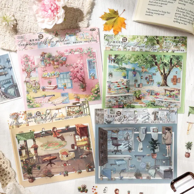 Card Lover 3 Pcs [Floating Light Atlas Series] Landscape Stickers for Morning Flower House Spring Garden Yard Cozy Room