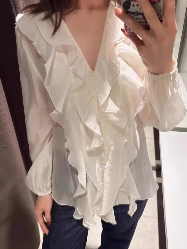 

Spring Summer New Sweet Soft Sle Women's Faion V-ne Puffy Long Sve irt Layered Decoration 2025 Autumn Commute Sl...