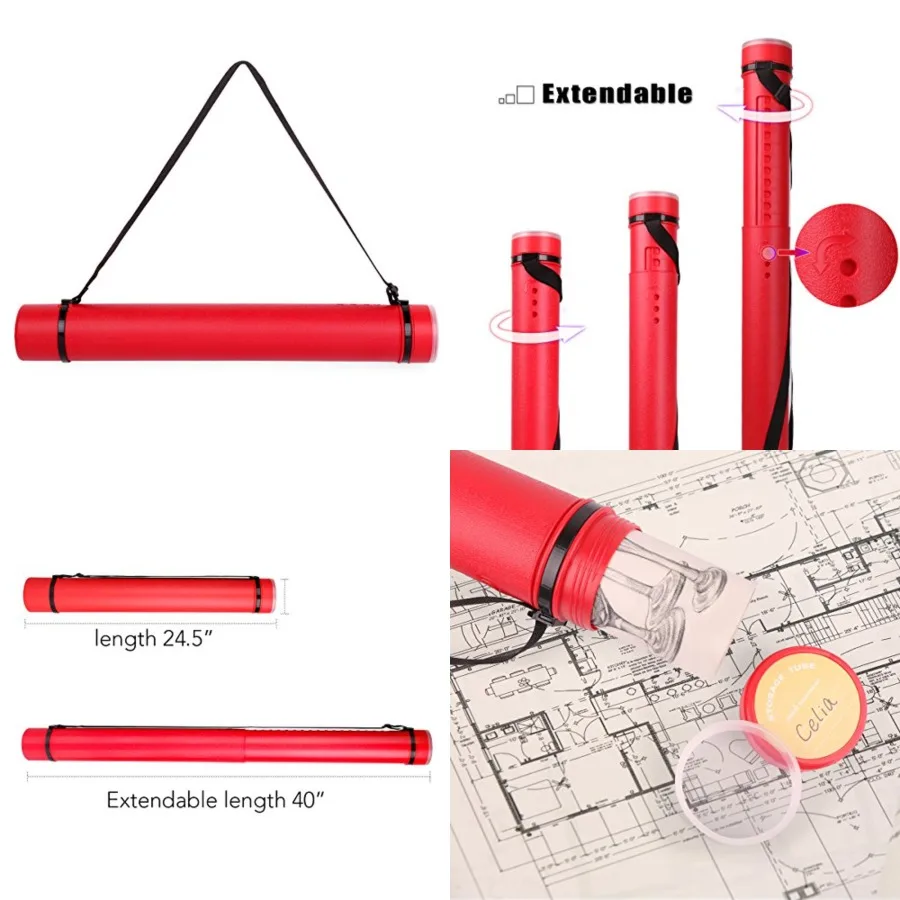 

Durable Poster Storage Tube with Straps 24"-40" Extendable for Blueprints Artwork Maps Posters Color Red