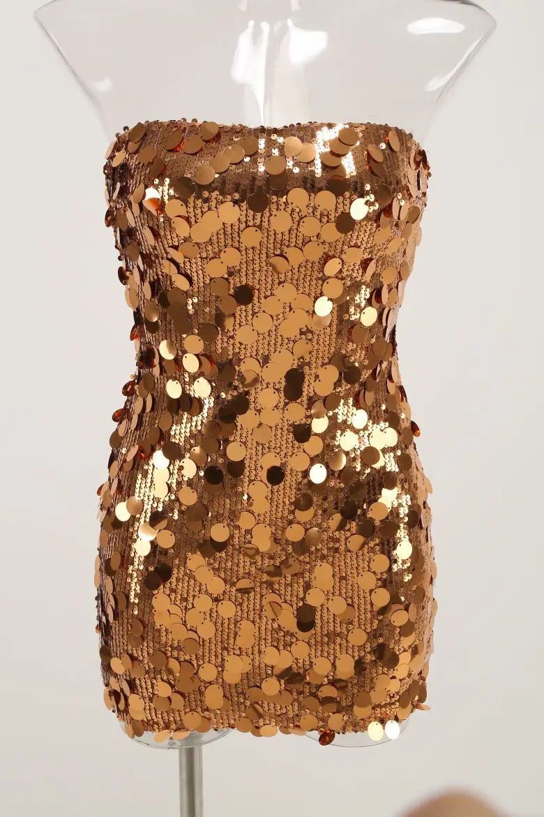 With Skirt Sequins New Sexy Chest Sequins Dress High-grade Temperament Package Hip Skirt Women\'s Gold Party Dresses