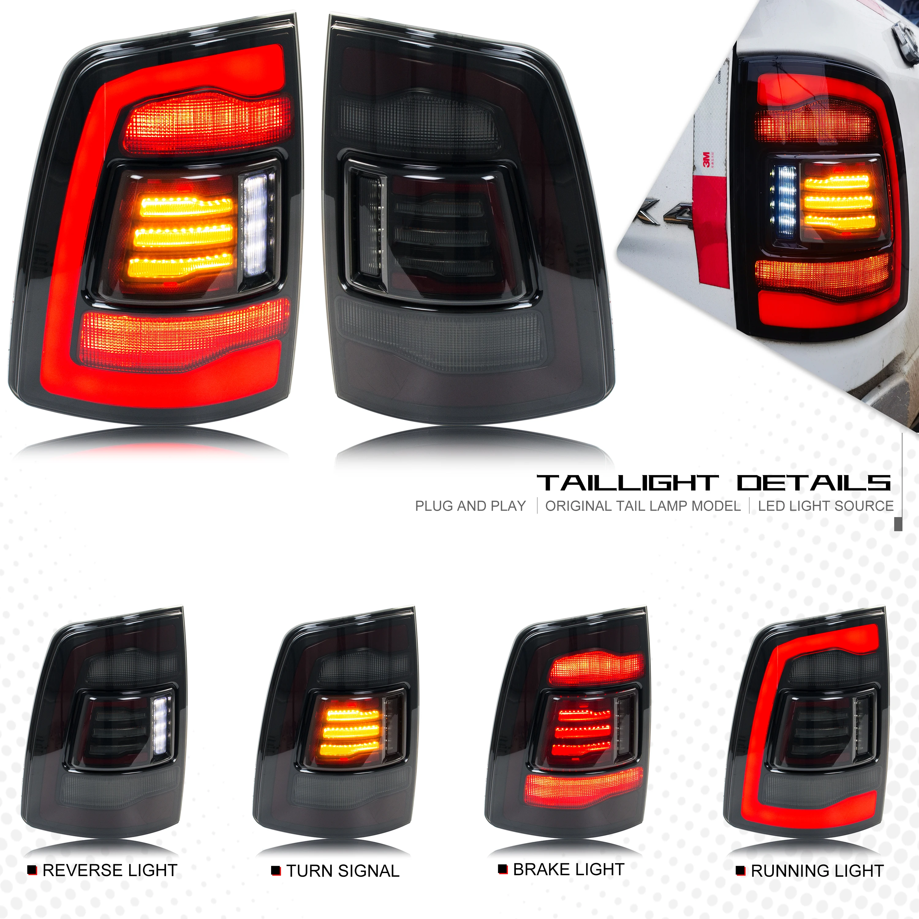 LED Tail Lights for Dodge Ram 1500 2500 3500 2009-2018 4th Gen Dynamic Animation Sequential Turn Signal Rear Lamps Assembly