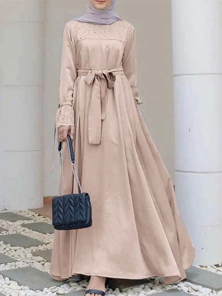 ZANZEA Women Fashion Muslim Dress Long Sleeve Lace Patchwork Vestidos Eid Mubarek Abaya Sundress Elegant Maxi Long Robe Oversize