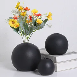 INS Nordic Black Ball Flower Vase Ceramic Pot Artifical Flowers Home Office Entrance Shelf Decoration Round White Vase