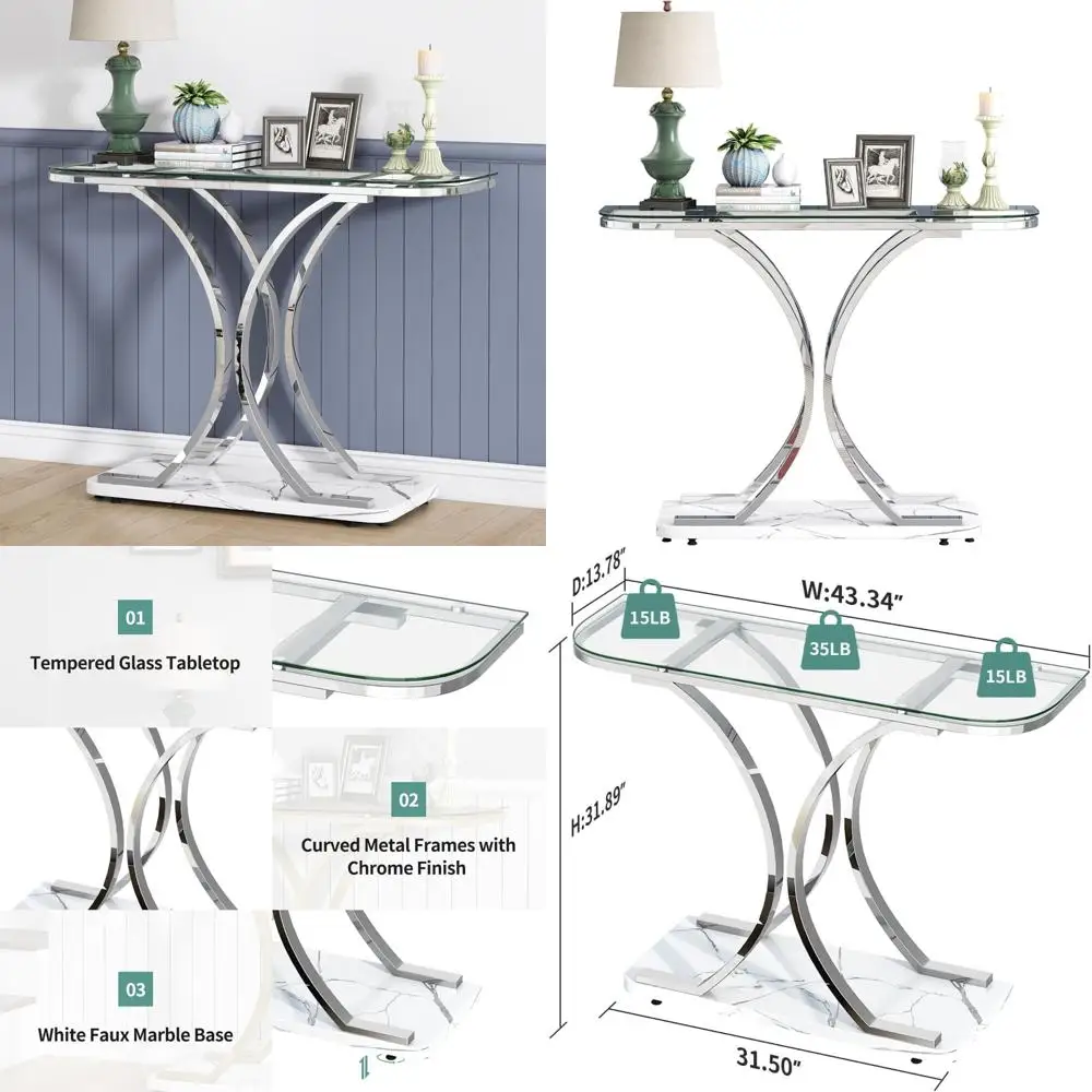 

Modern Marble Base Glass Console Table with Curved Frame for Entryway