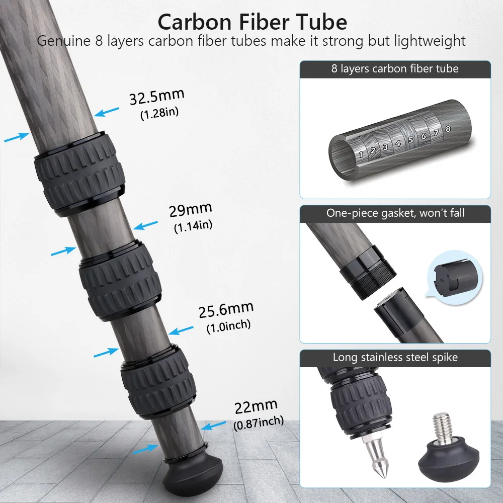 Imagem -03 - Vicelk 158cm Tripé Compacto de Fibra de Carbono com Tubo de 32 mm Tripé de Viagem para Câmera Dslr Carga Máxima de 25 kg Vt324c