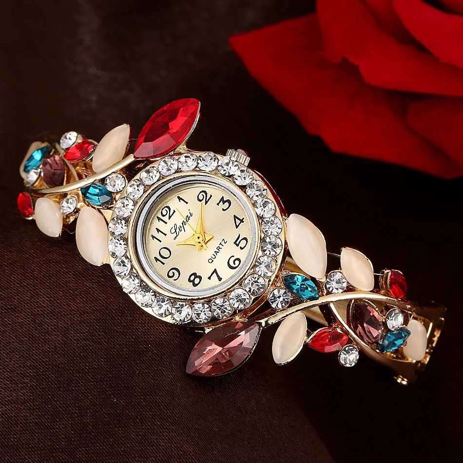 Women Vintage Quartz Watches Fashion Rhinestone Flower Ladies Bangle Bracelet Luxury Steel Women Watch Female Clock Reloj Mujer