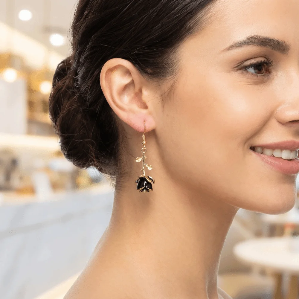 Gold Color Rose Pendant Earrings Vintage Style Oil-dripping 3D Rose Dangle Earrings Advanced Design Red Pink Black White