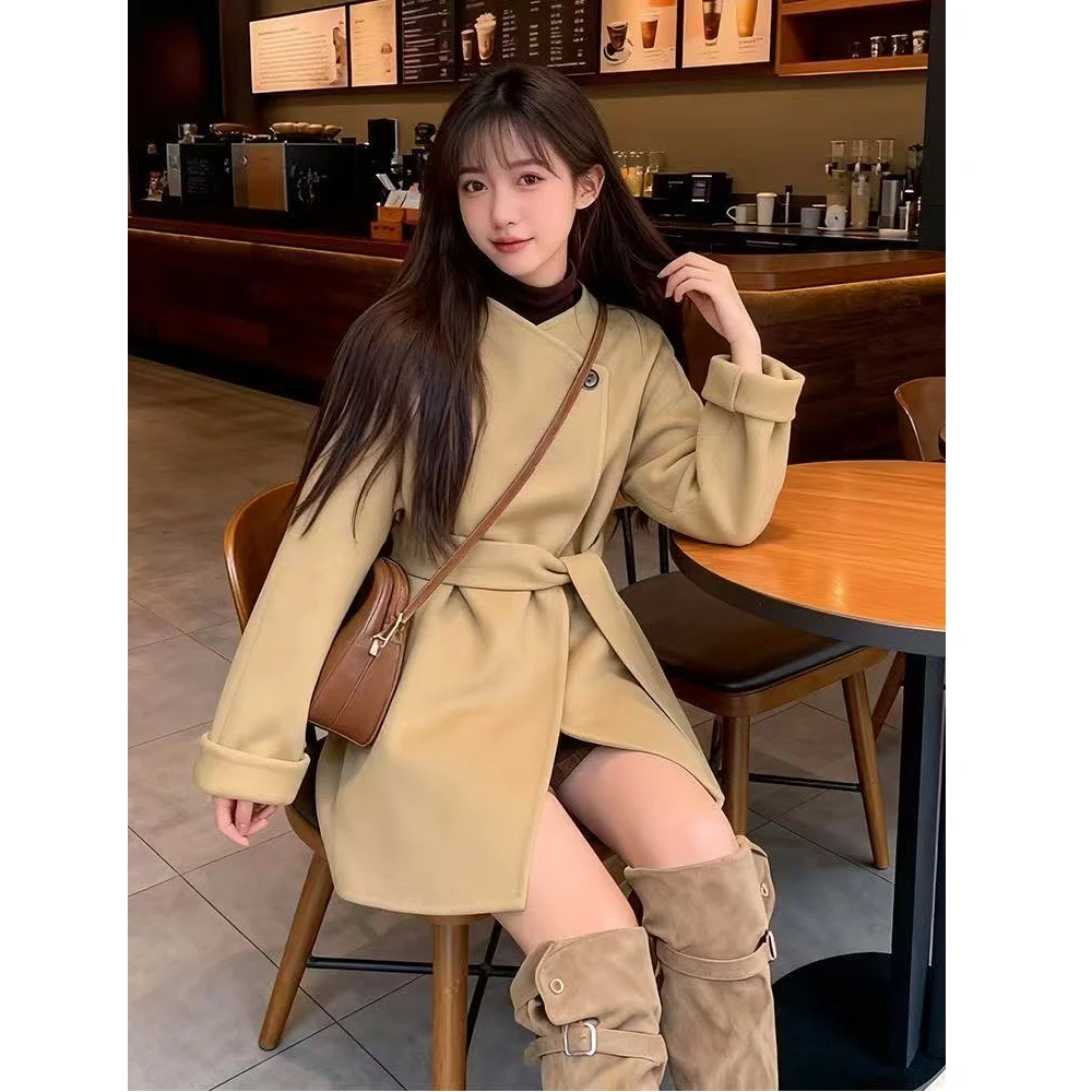 

Ele Long Woolen Coat Women's Faion Outerwear High Waist Belted Autumn Winter Coat Polyester Fiber Button Decoration