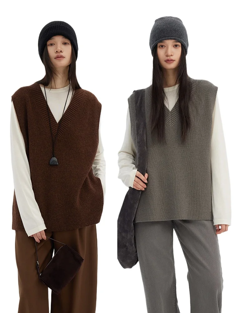 Paper man stacking artifact~ Loose wide shoulder V-neck split fork medium and long pure wool vest vest
