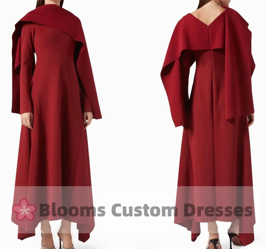 Blooms Burgundy Long Sleeves Customized Evening Dresses 2024 Elegant A-line With Cape Formal Occasion Party Dress For Prom