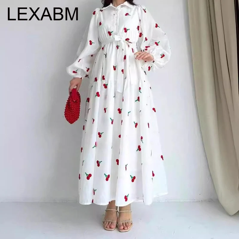 Sukienki damskie maxi z długim rękawem, kołnierzykiem i nadrukiem owoców, w stylu bohemy, sznurowane, Vestidos 2025 Jesień