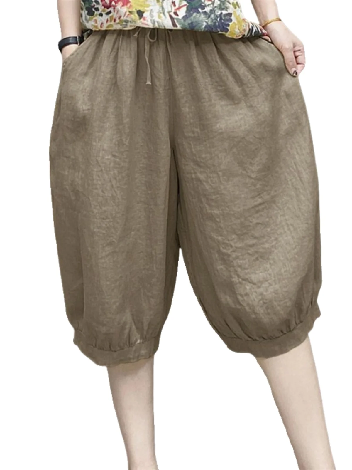 Spodnie damskie letnie z efektem wyszczuplającym, z lodowego jedwabiu, cienkie, lniane, do kolan, luźne, z elastyczną talią, szerokie nogawki typu latarnia, luźne spodnie do połowy łydki.