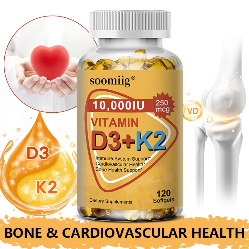 D3+K2 Supplement, D-3 and MK-7, with Vitamins D-3 and K-2, for Immune, Bone and Cardiovascular Health, Vegetarian Capsules