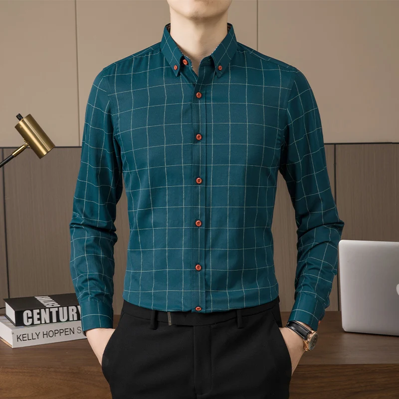 

BROWON Brand Business Casual Shirt Men 2024 Spring Autumn Turn-Down Collar Plaid Shirts Reguler Long Sleeve Office Men Clothing