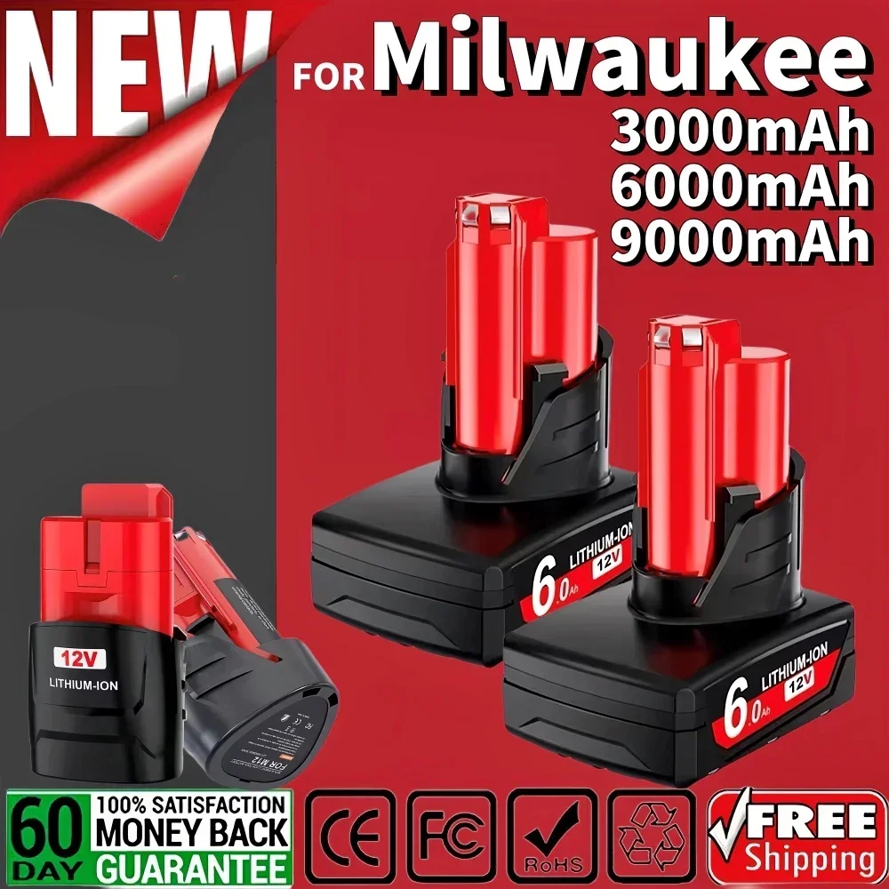 For Milwaukee M12 3.0/6.0/9.0Ah 12V Replacement Battery XC 48-11-2411,48-11-2401, MIL-12A-LI Wireless Tools Rechargeable Battery