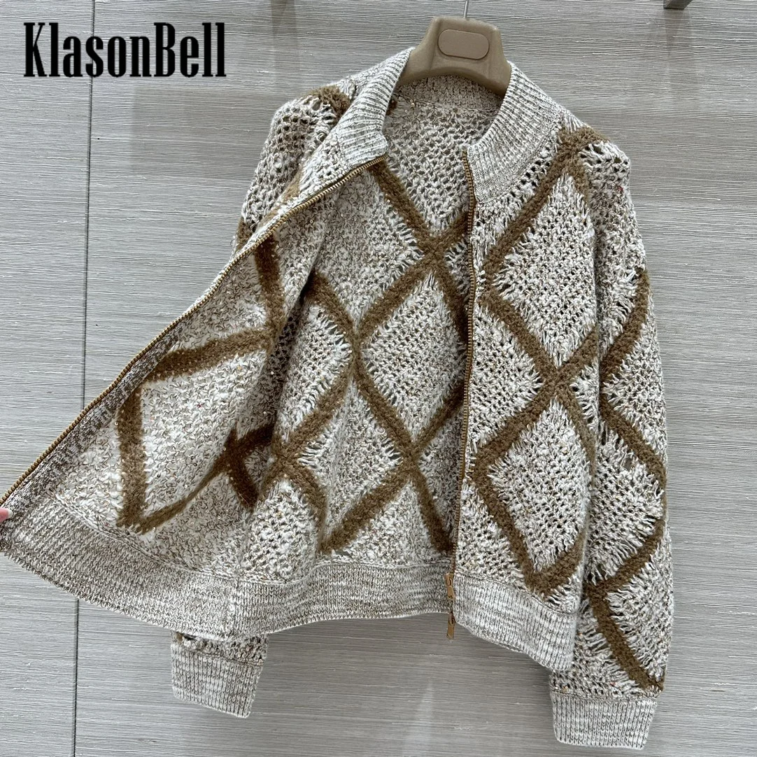 9.8 KlasonBell Women 2024 Autumn New Sequins Argyle Plaid Hollow Out Crochet Cardigan O-Neck Loose Wool Knit Soft Zipper Coat