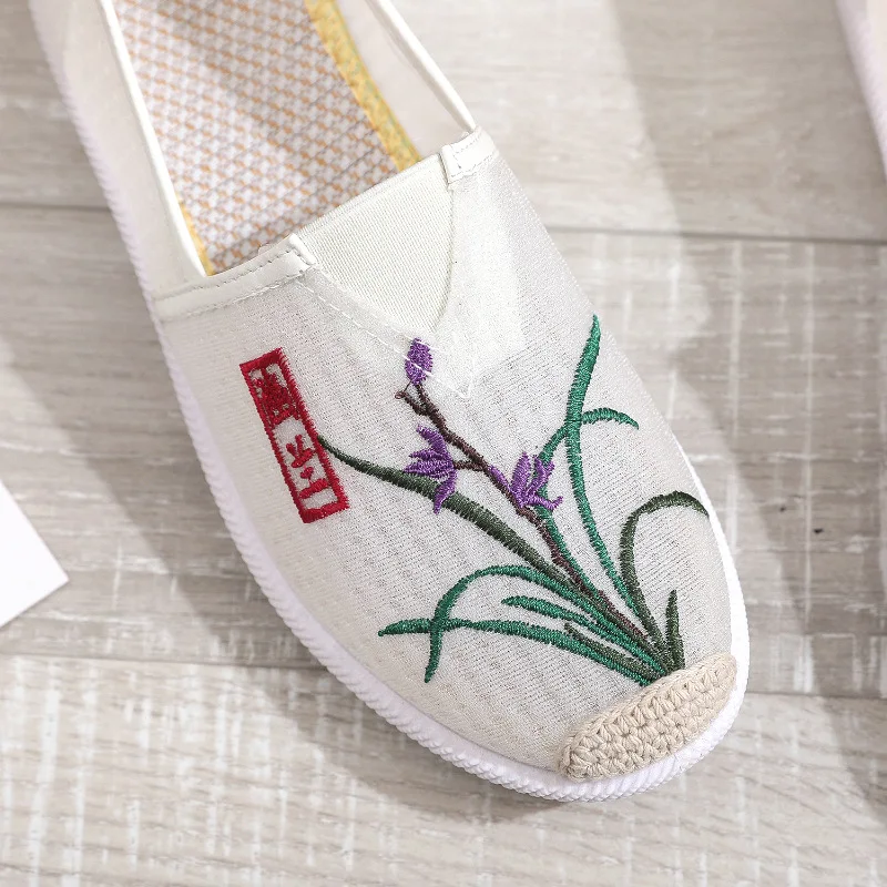 XIHAHA Vintage Mesh Shoes Handmade Women Soft Cotton Fabric Embroidered Flat Shoes Comfortable Ladies Walking Sneakers with