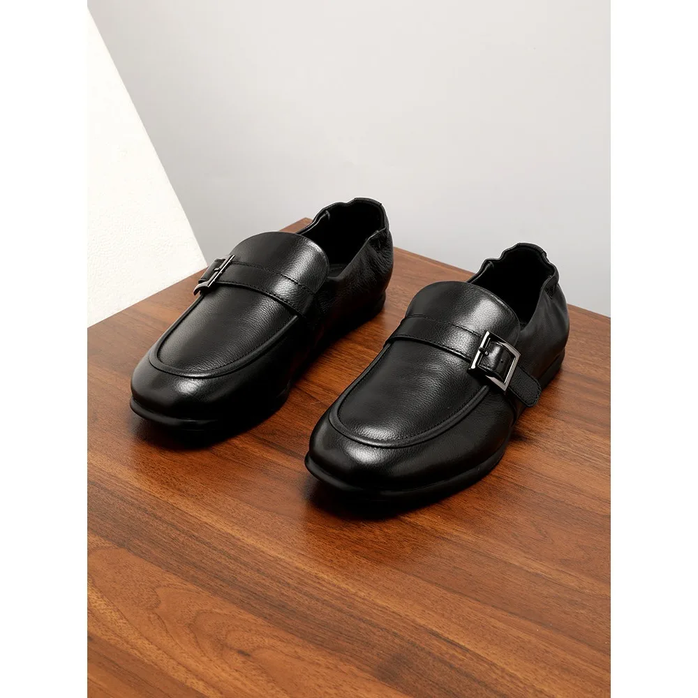 

Men Genuine Leather Loafers Breathable Soft Soled British Style Slip Metal Buckle Casual Shoes for Summer