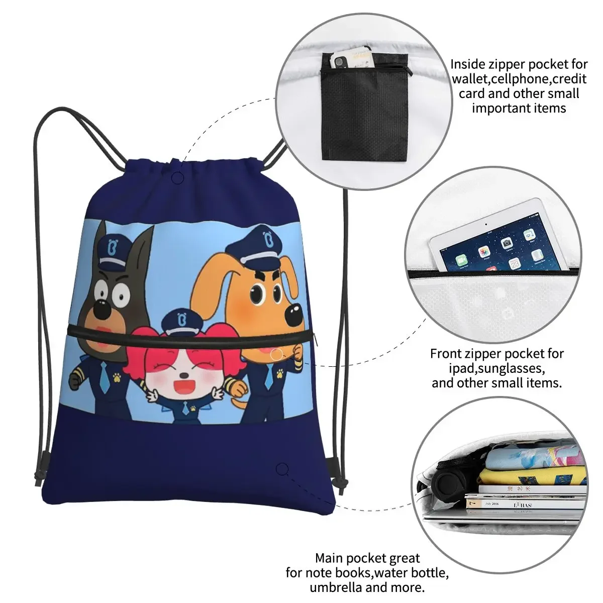 Sheriff Labrador Portable Backpacks Drawstring Bag Casual Drawstring Bundle Pocket Sundries Bags For School Students