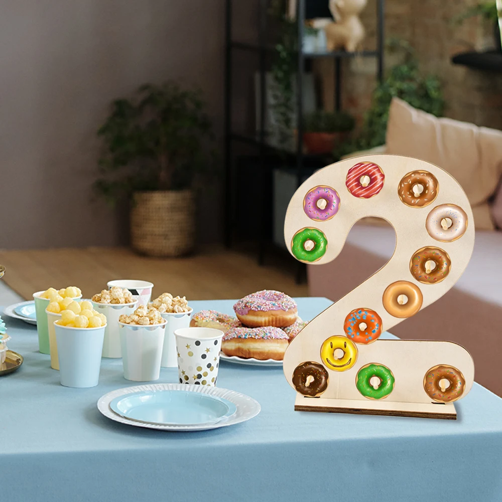 Wood Number Shaped Donut Wall Stand Doughnut Party Dessert Candy Bar Holder Birthday Baby Shower Rustic Wedding Table Decor