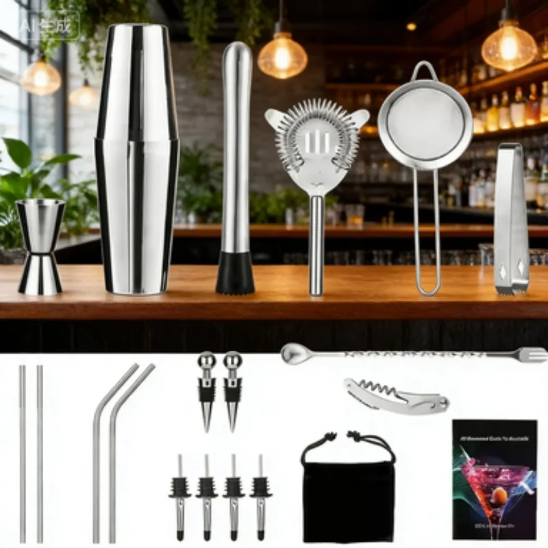 21Pcs Dual Size Boston Cocktail Shaker Bar Kit 750ml&600ml Stainless Steel Complete Bartender Mixing Accessories For Bar Supply