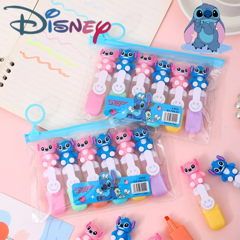 

6pcs/set Disney Stitch Cartoon 6 Colors Highlighter Pen Cute Graffiti Handbook Pen Student Stationery for Kids Christmas Gifts