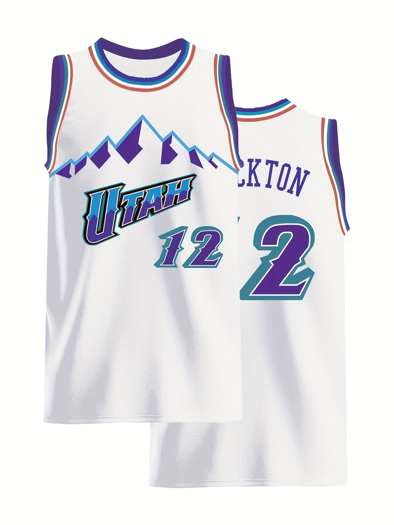 Parent-child Utah Jazz Stockton 12 Basketball Jersey  White with Purple & Teal Accents Mountain Logo Retro Basketball Fan Jersey
