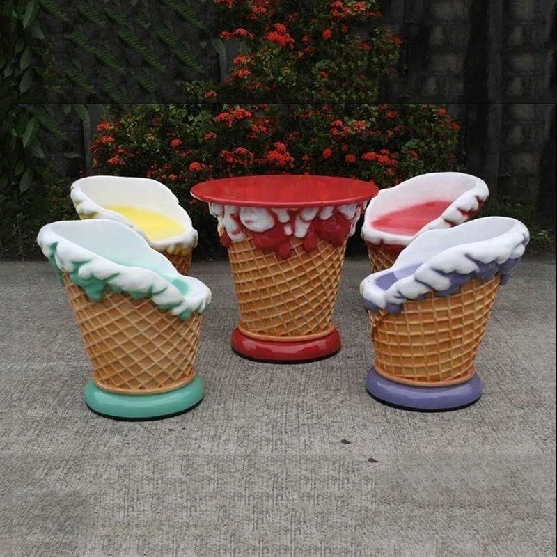 Outdoor fiberglass ice cream shop furniture/ice cream table and chairs/ice cream cones chairs sculpture