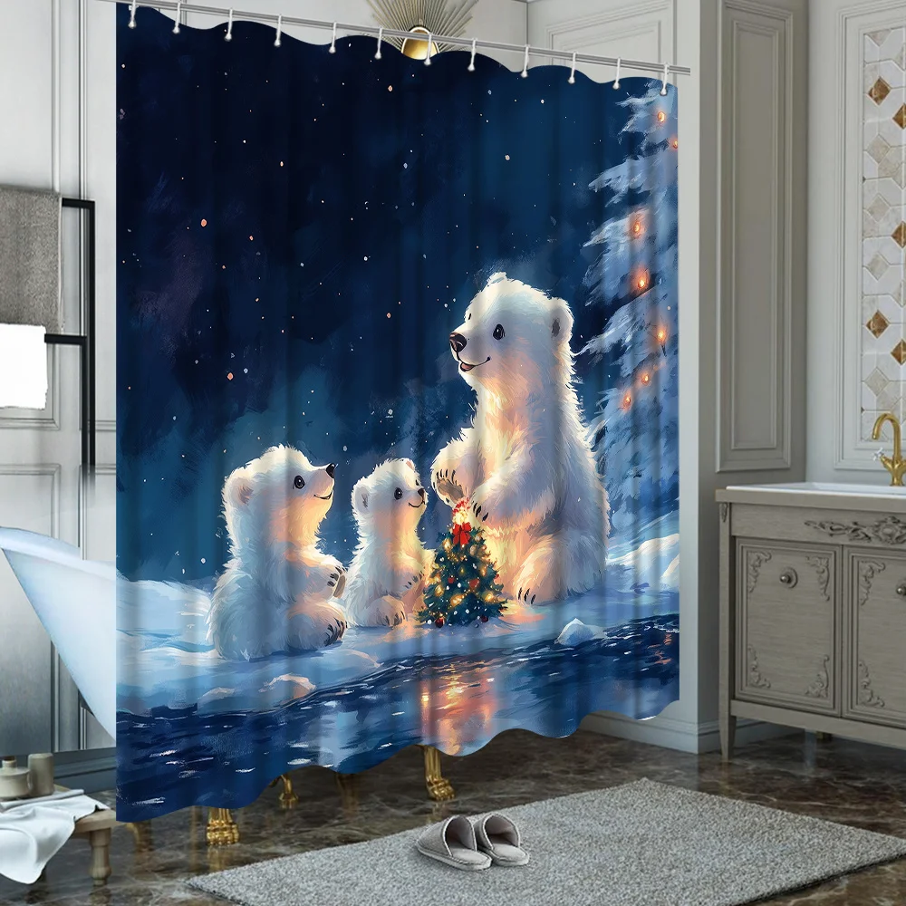1pc Christmas Polar Bear Shower Curtain, Polar Bears Around Christmas Tree Starry Sky Warm Lights, With 12 Hooks, Bathroom Decor