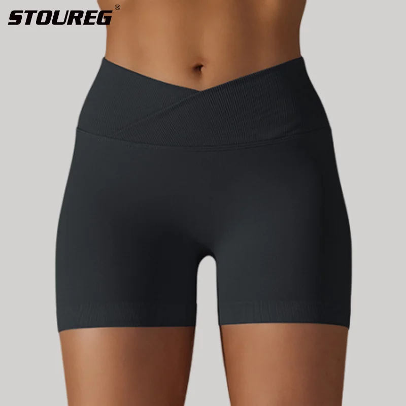 STOUREG Summer V-Waist Yoga Sport Shorts for Women,Peach Hip Sport Tights Triple Biker Workout Gym Clothing Seamless Shorts