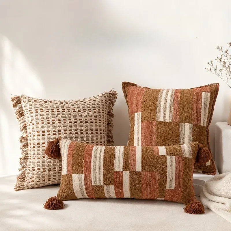 Boho Soft Chenille Jacquard Cushion Cover Vintage Woven Tassel Throw Pillow Cover Geometric Terracotta for Sofa Bed Home Decor