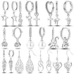 925 Sterling Silver Heart Snake Bone Pattern Cross Shell Pearl Four-pointed Star Earrings for Women Earring Fine Jewelry Gifts
