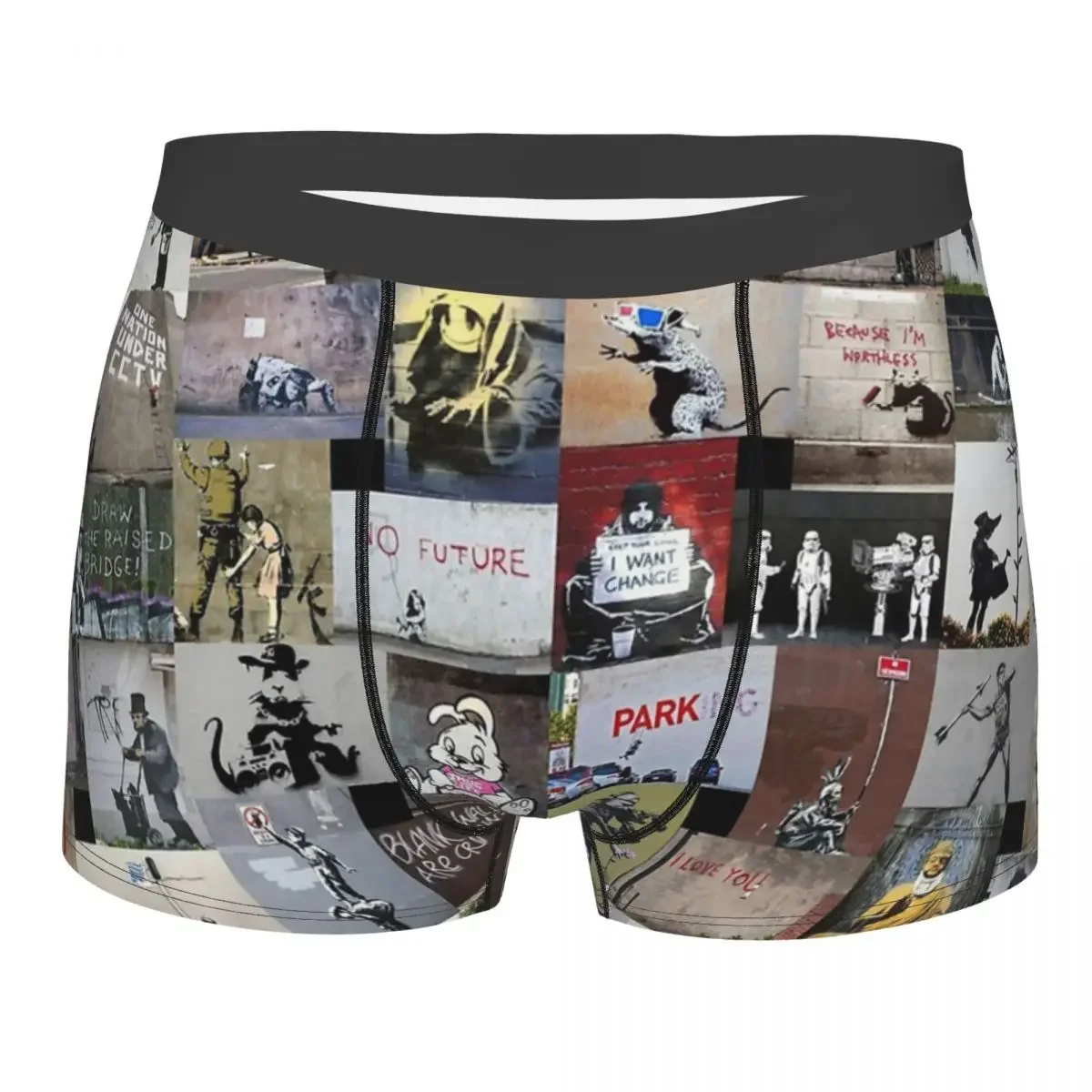 Novelty Boxer Shorts Panties Briefs Men Banksy England Street Art Graffiti Underwear Soft Underpants for Male Plus Size